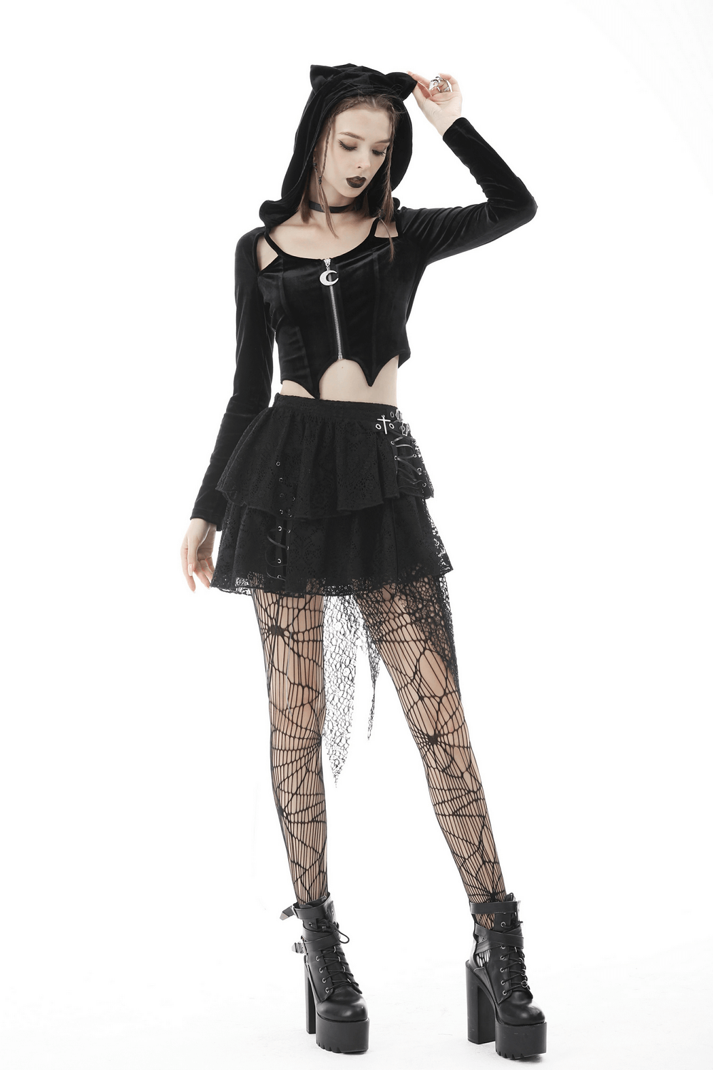 Gothic batwing hoodie with cat ears, stylish black velvet top, perfect for edgy fashion lovers.