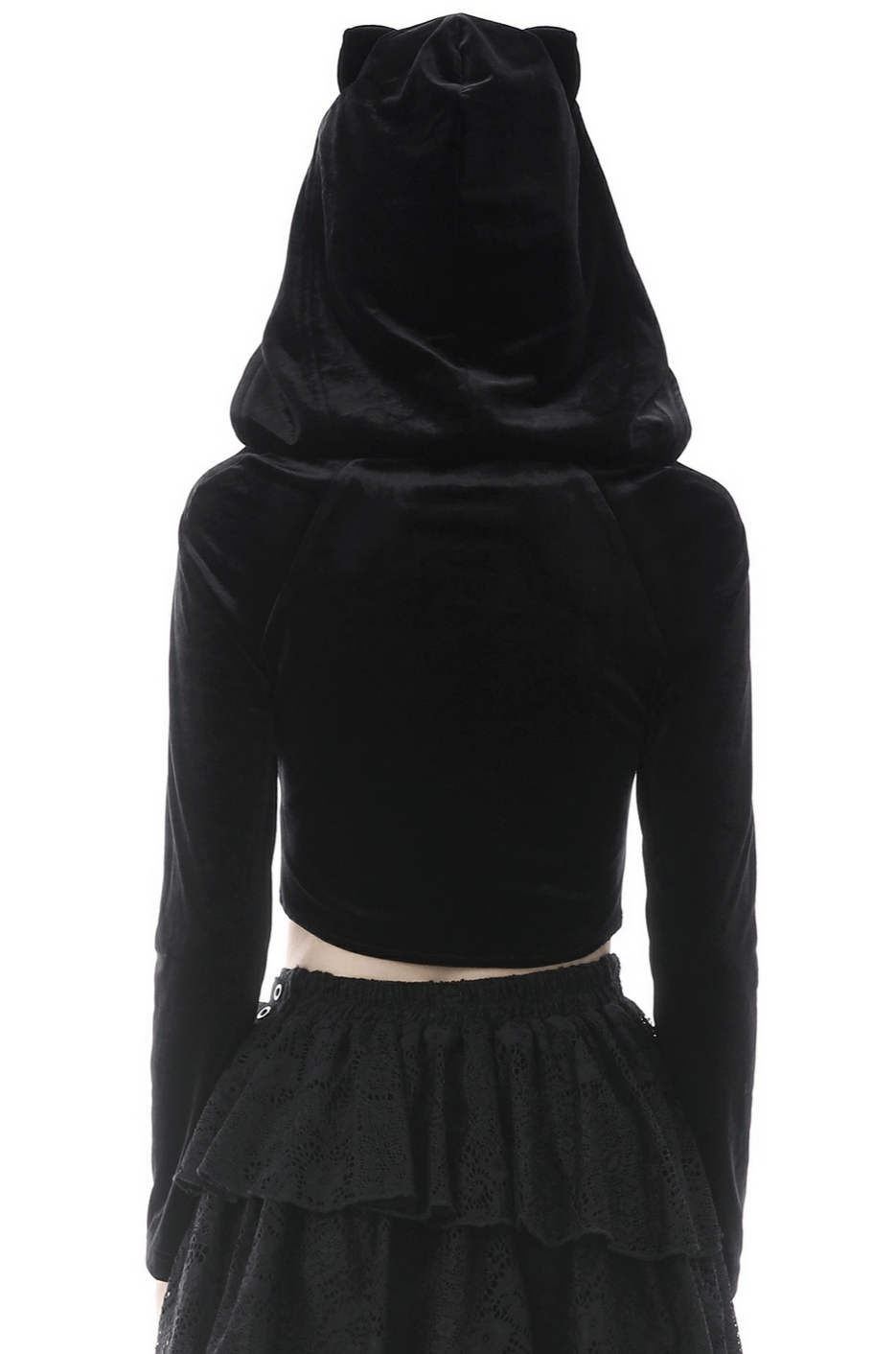 Back view of gothic black velvet batwing hoodie with cat ears and elegant silver pendant.