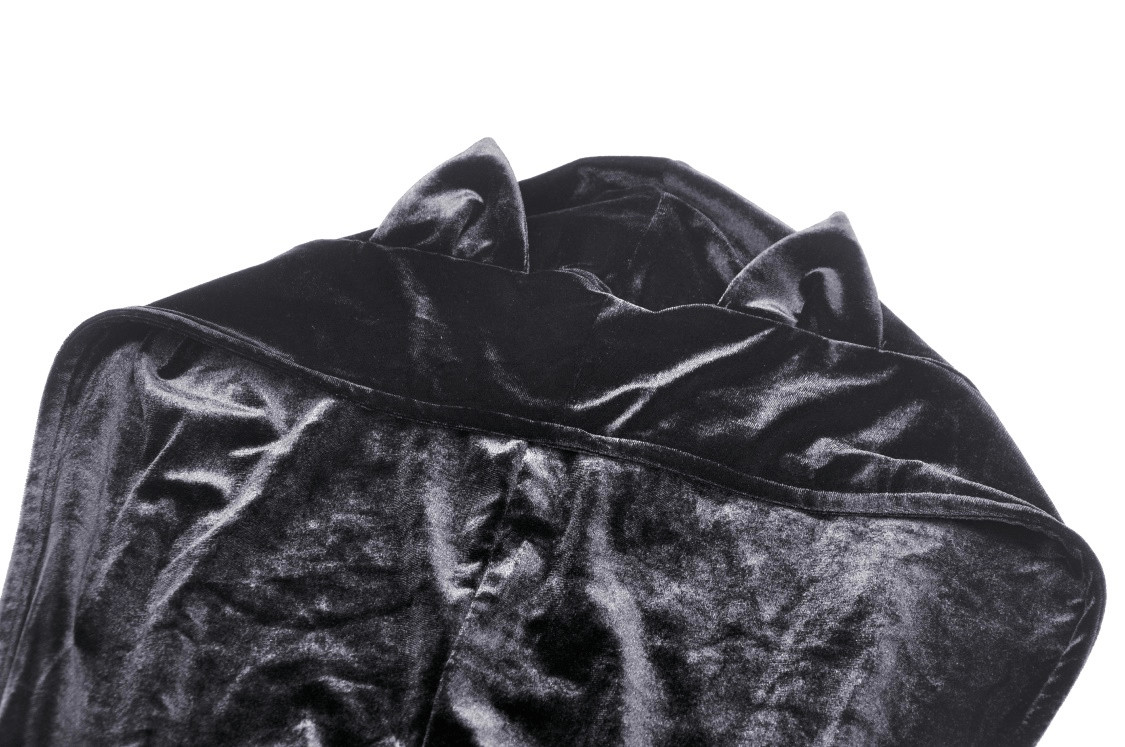 Gothic batwing hoodie close-up featuring cat ears and luxurious black velvet fabric.