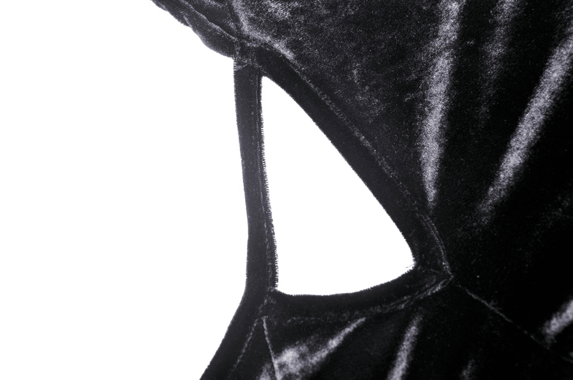 Close-up of black velvet batwing hoodie showcasing the soft fabric and stylish cut-out details.