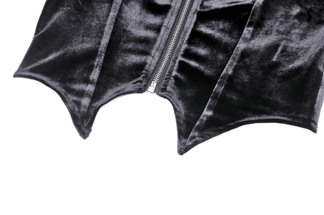 Close-up of Gothic batwing hoodie showcasing luxurious black velvet fabric and bold batwing cut.