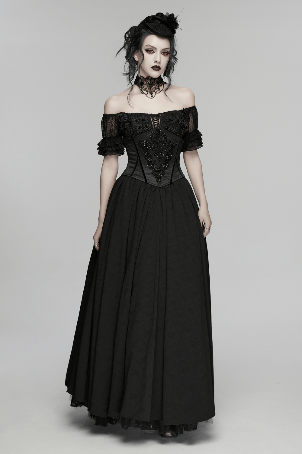 Gothic Bead Embroidered Corset with Lace Up Back worn by model in a long black off-shoulder dress, highlighting ornate bead details.