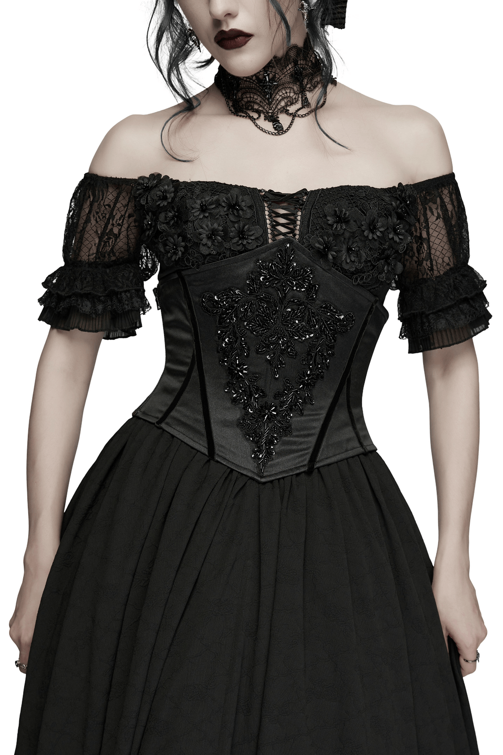 Gothic Bead Embroidered Corset with Lace Up Back showcasing exquisite bead details and lace sleeves.