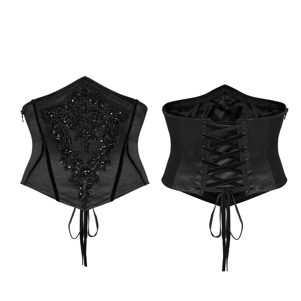 Gothic Bead Embroidered Corset with Lace Up Back showcasing intricate beadwork and adjustable drawstrings.