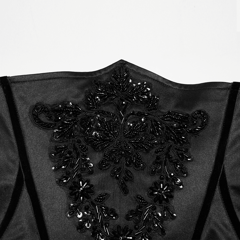 Gothic Bead Embroidered Corset with Lace Up Back featuring intricate black bead embroidery on a shiny fabric.
