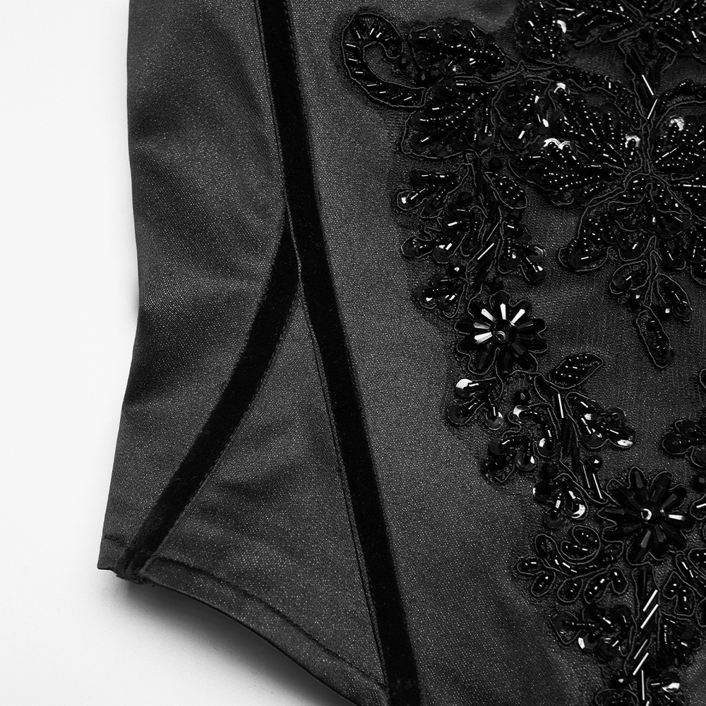 Gothic Bead Embroidered Corset with Lace Up Back showcasing intricate beadwork and fine shiny woven fabric.