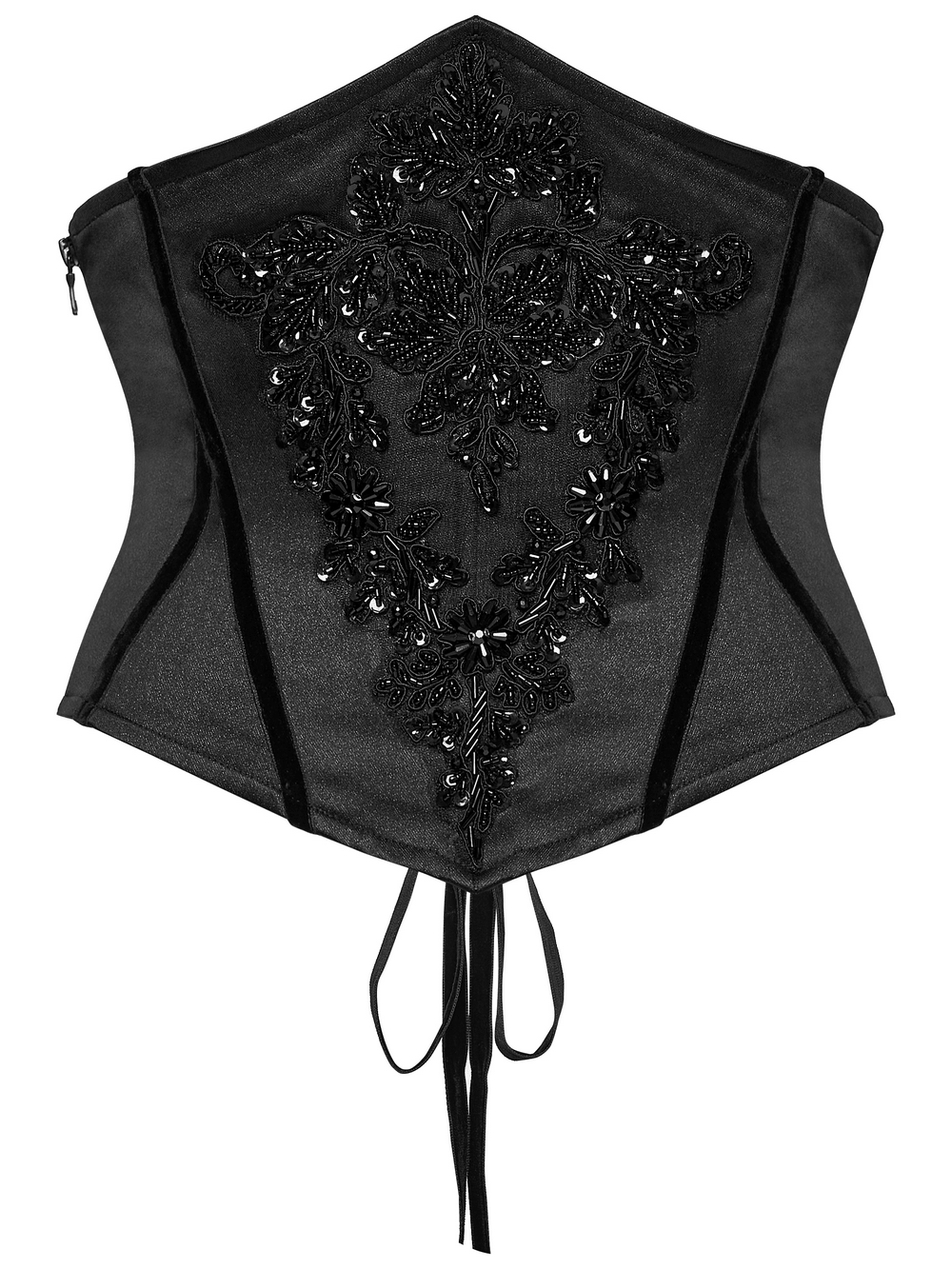 Gothic Bead Embroidered Corset with Lace Up Back featuring intricate bead detailing on a sleek black fabric.