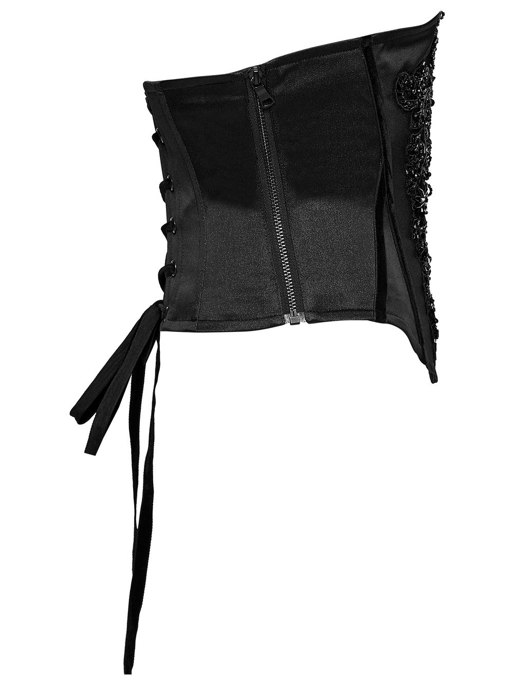 Gothic Bead Embroidered Corset with Lace Up Back showcasing intricate beadwork and side zipper for easy wear.