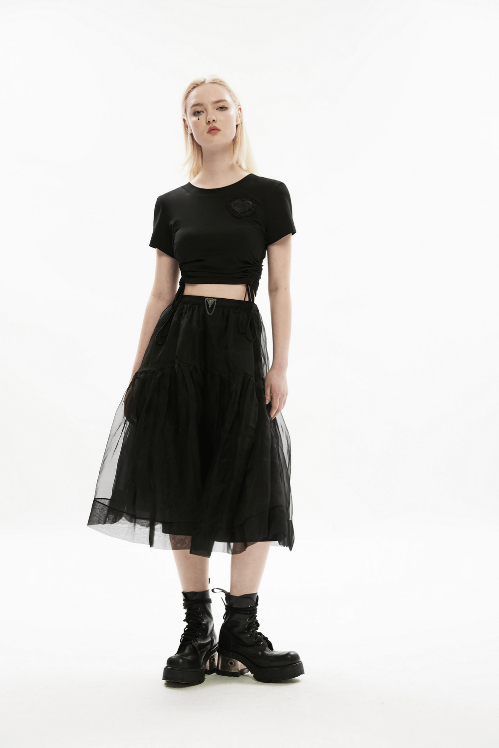 Gothic Beaded Heart Side Drawstring Ruched Tee