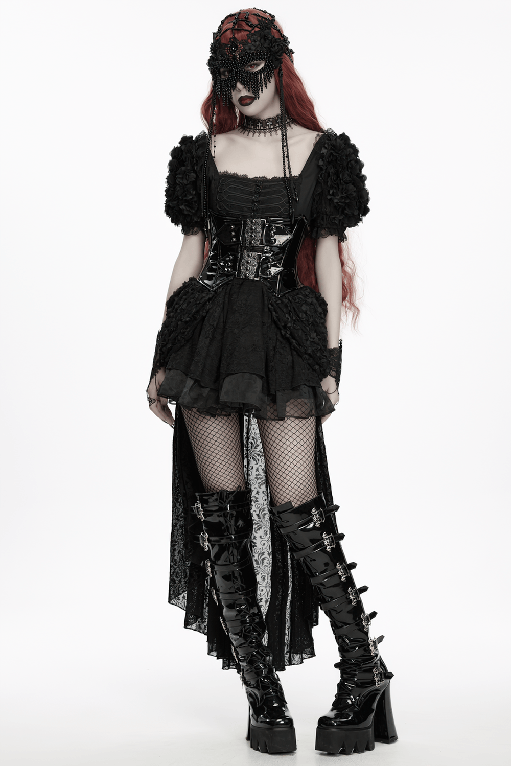 Gothic Beaded Lace Priestess Face Mask Headpiece worn by a model in dark elegant attire with dramatic lace details.