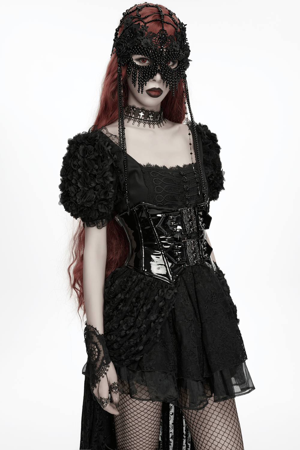 Gothic Beaded Lace Priestess Face Mask Headpiece worn by model in dark attire with dramatic beaded detail.