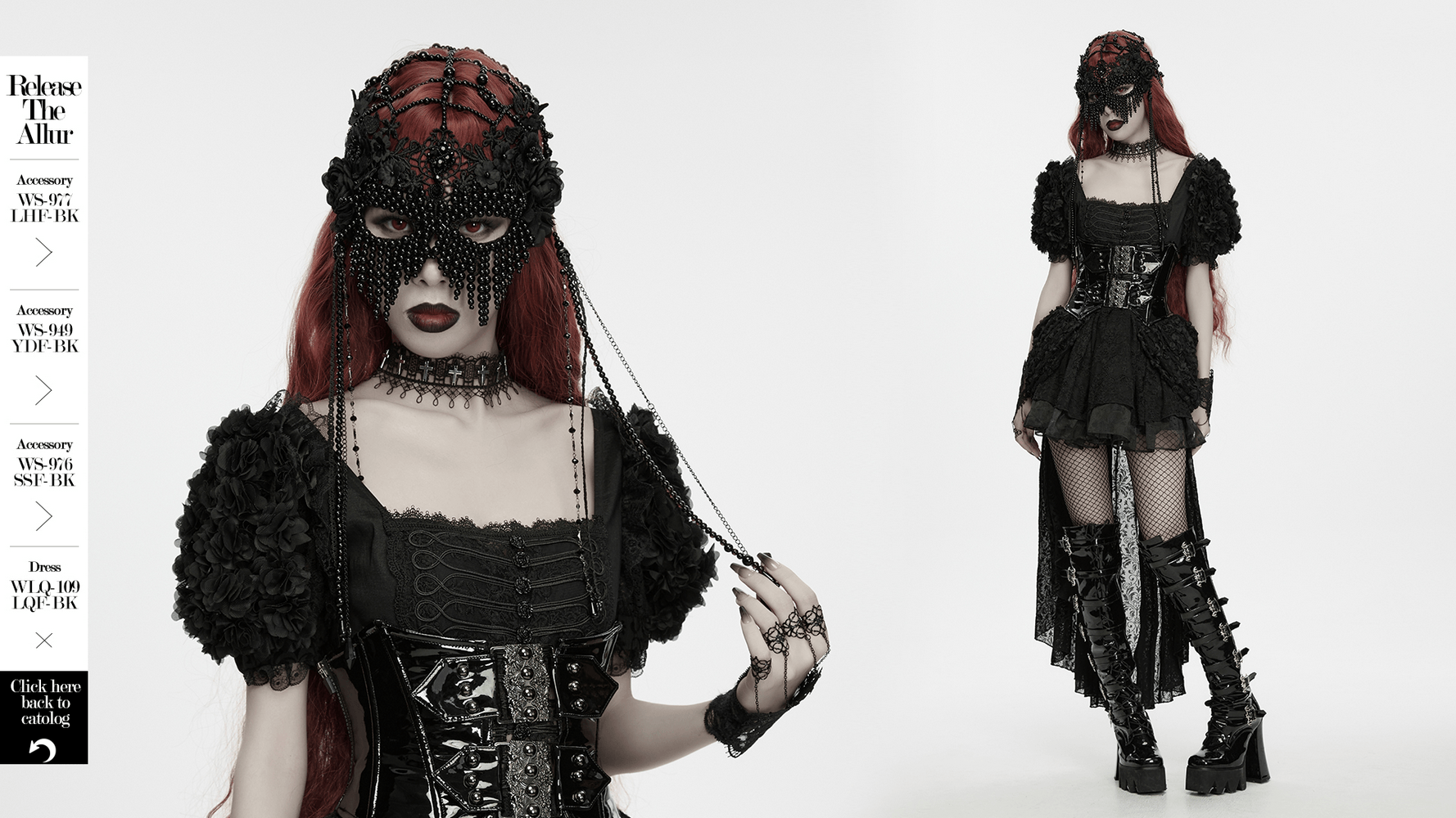 Gothic Beaded Lace Priestess Face Mask Headpiece worn by a model with red hair and dramatic black attire.