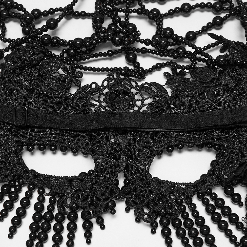 Gothic Beaded Lace Priestess Face Mask Headpiece with intricate lace and bead detail, perfect for dramatic looks.