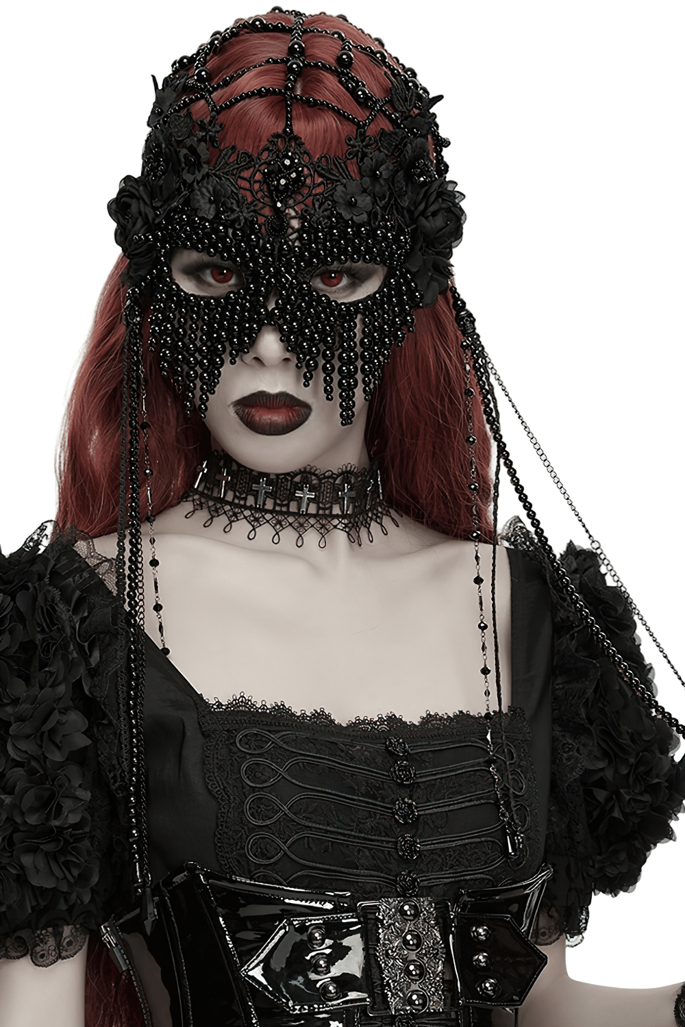 Gothic Beaded Lace Priestess Face Mask Headpiece featuring intricate lace and beads, creating a dramatic ceremonial look.
