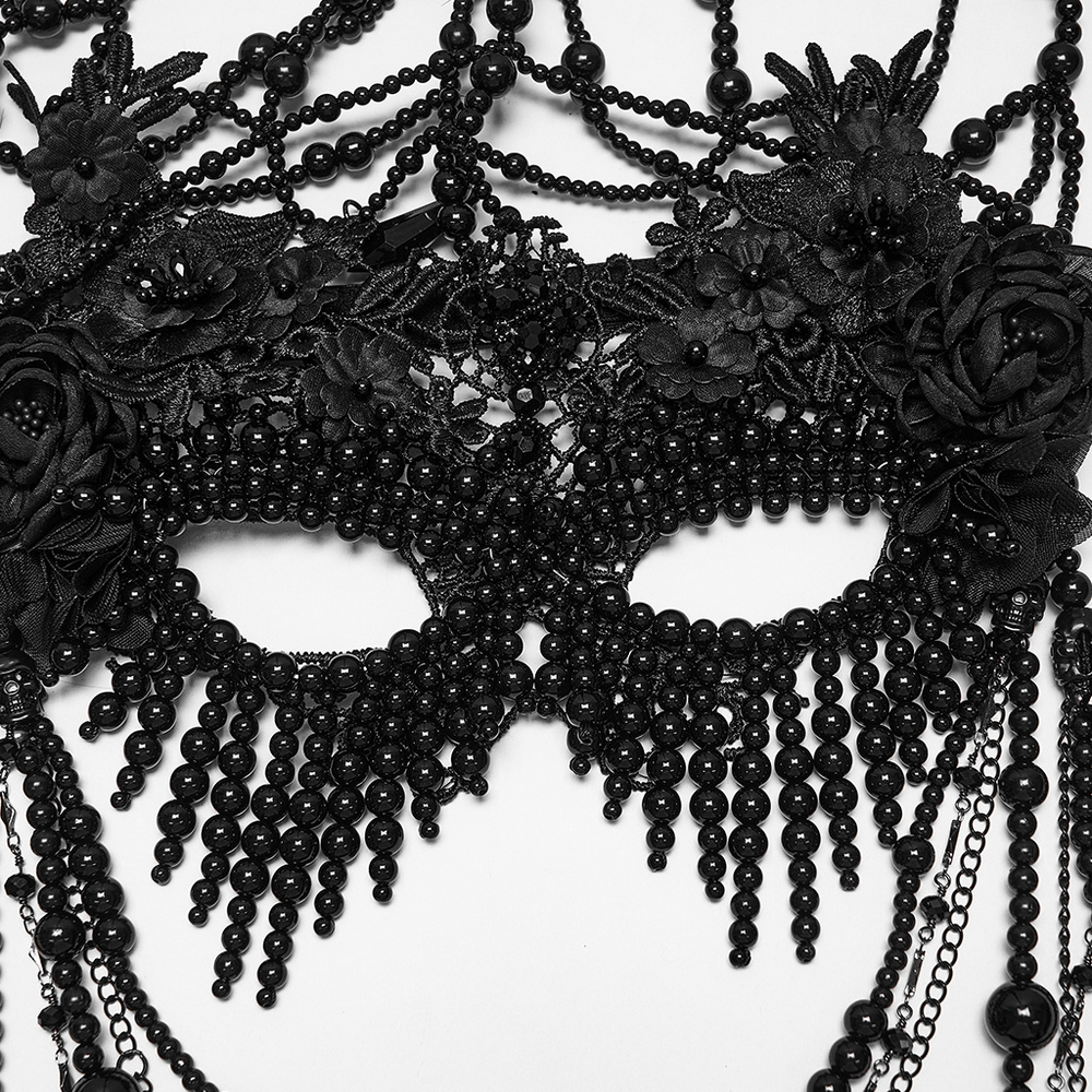 Gothic Beaded Lace Priestess Face Mask Headpiece featuring intricate lace and bead detailing.