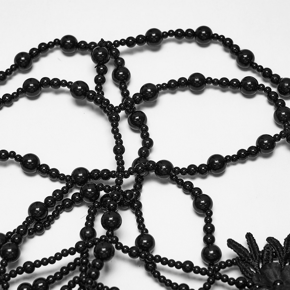 Gothic Beaded Lace Priestess Face Mask Headpiece black beads and lace design details, perfect for a dramatic look.