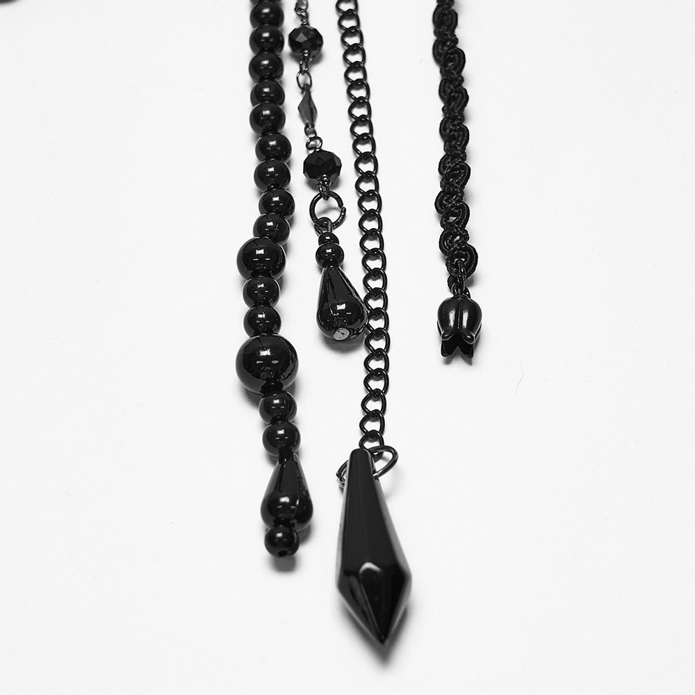 Gothic Beaded Lace Priestess Face Mask Headpiece with black beaded details on a white background.