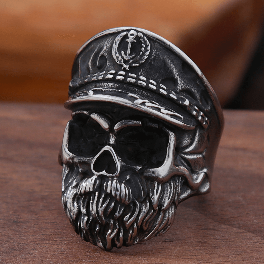 Gothic Big Bearded Navy Captain Skull Ring / Stainless Steel Biker Jewelry - HARD'N'HEAVY