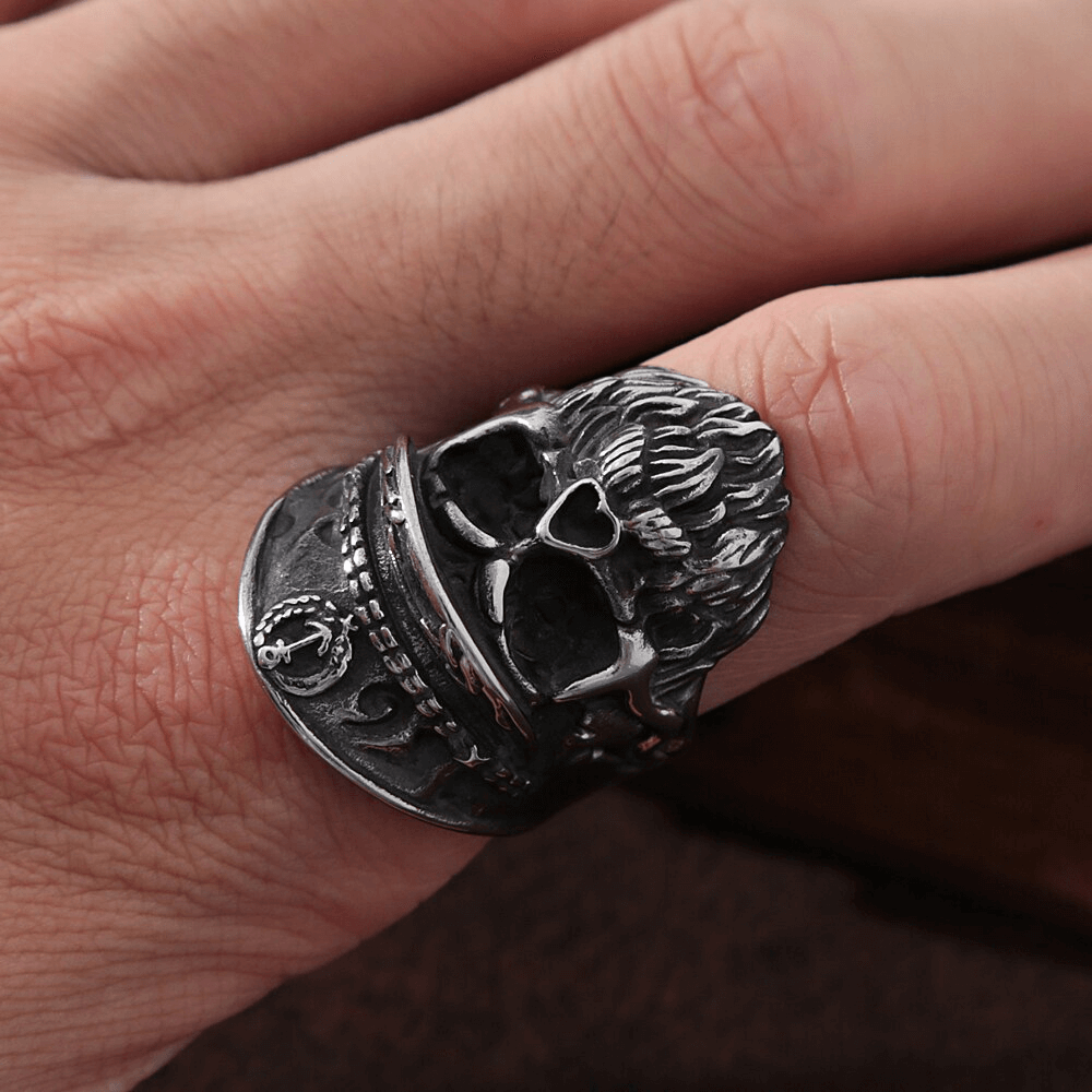 Gothic Big Bearded Navy Captain Skull Ring / Stainless Steel Biker Jewelry - HARD'N'HEAVY