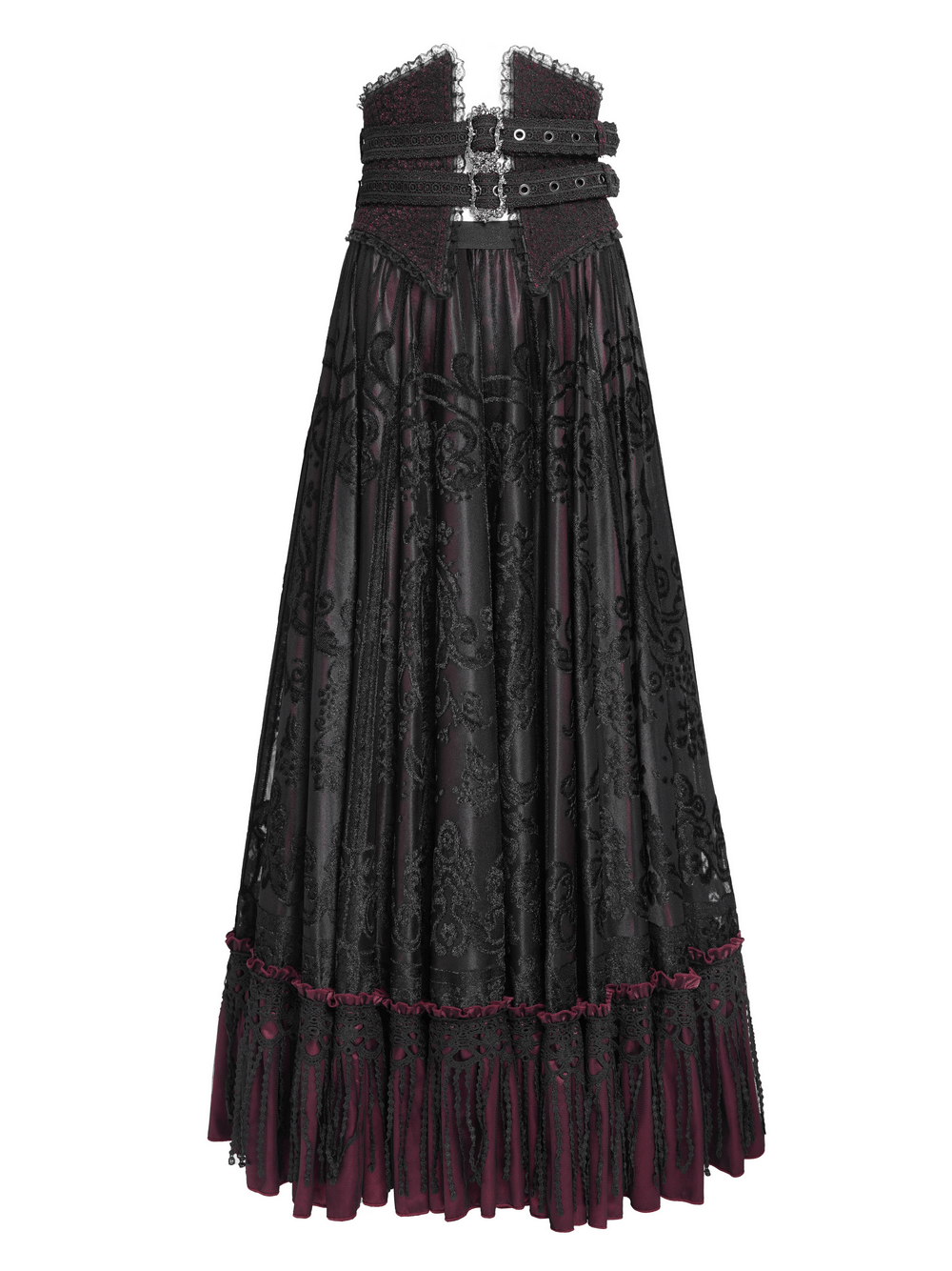 Gothic black and burgundy maxi skirt with lace hem and buckle waist for Victorian-inspired fashion.