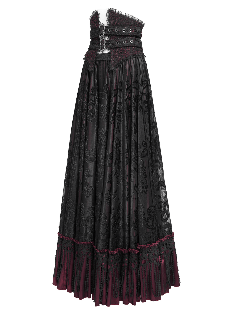 Gothic black and burgundy maxi skirt with lace hem and buckle waist, perfect for alternative fashion and evening wear.