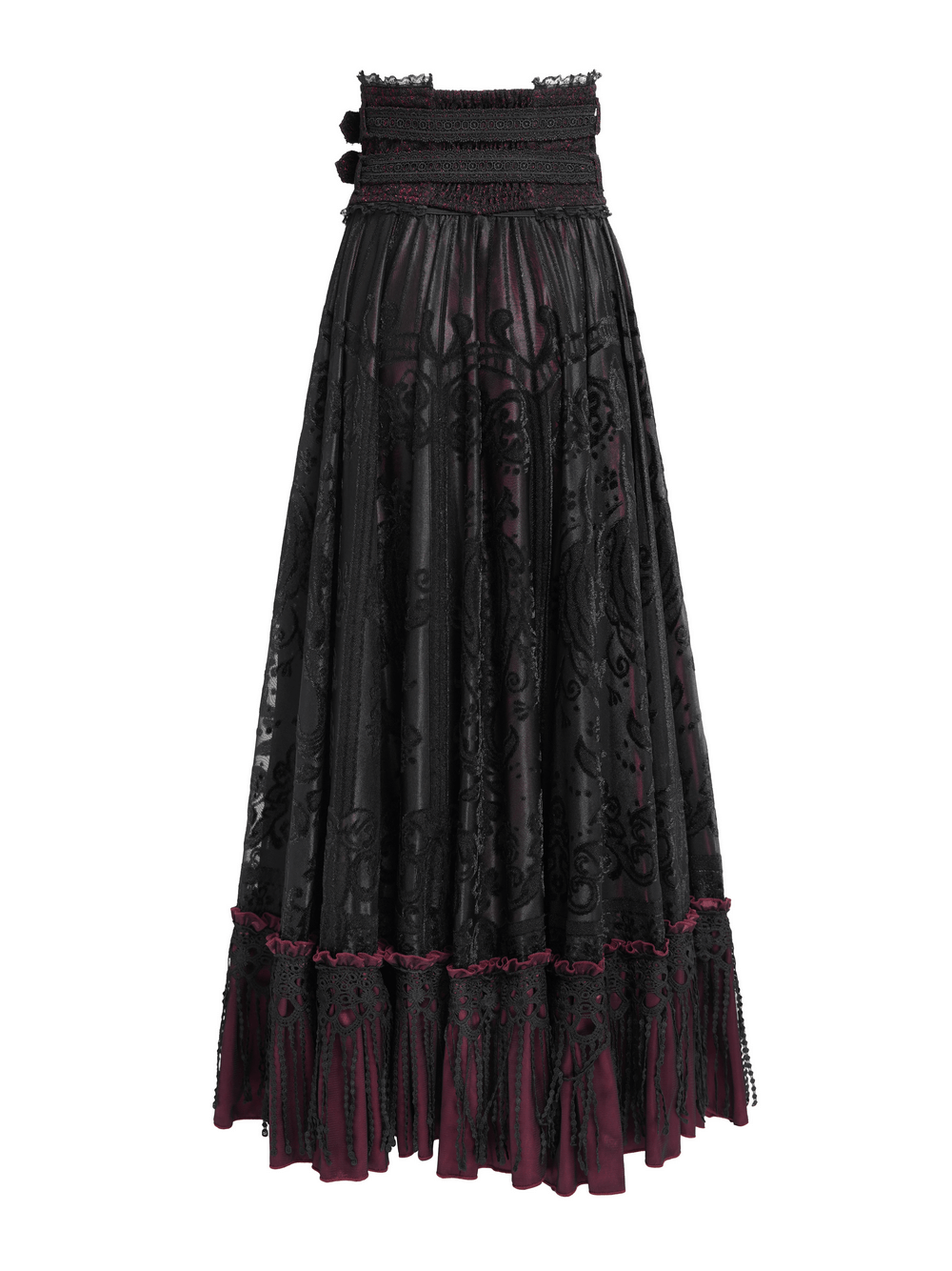 Gothic black and burgundy maxi skirt with lace hem and buckle waist, perfect for Victorian-inspired fashion.