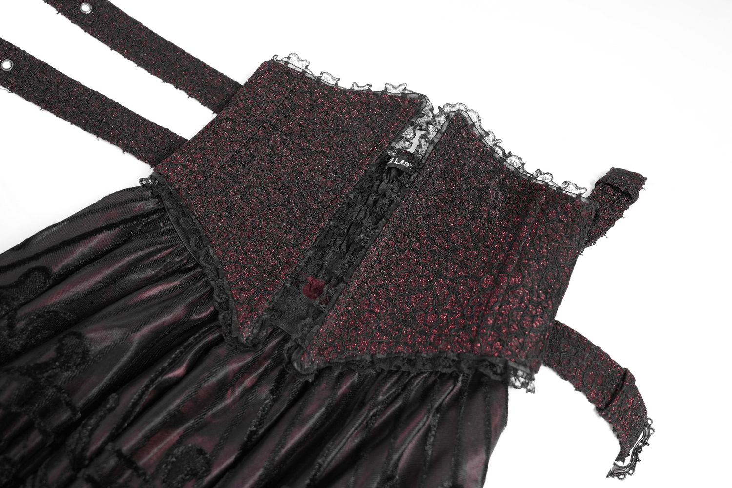 Gothic black and burgundy maxi skirt with lace hem and adjustable buckle waist straps.