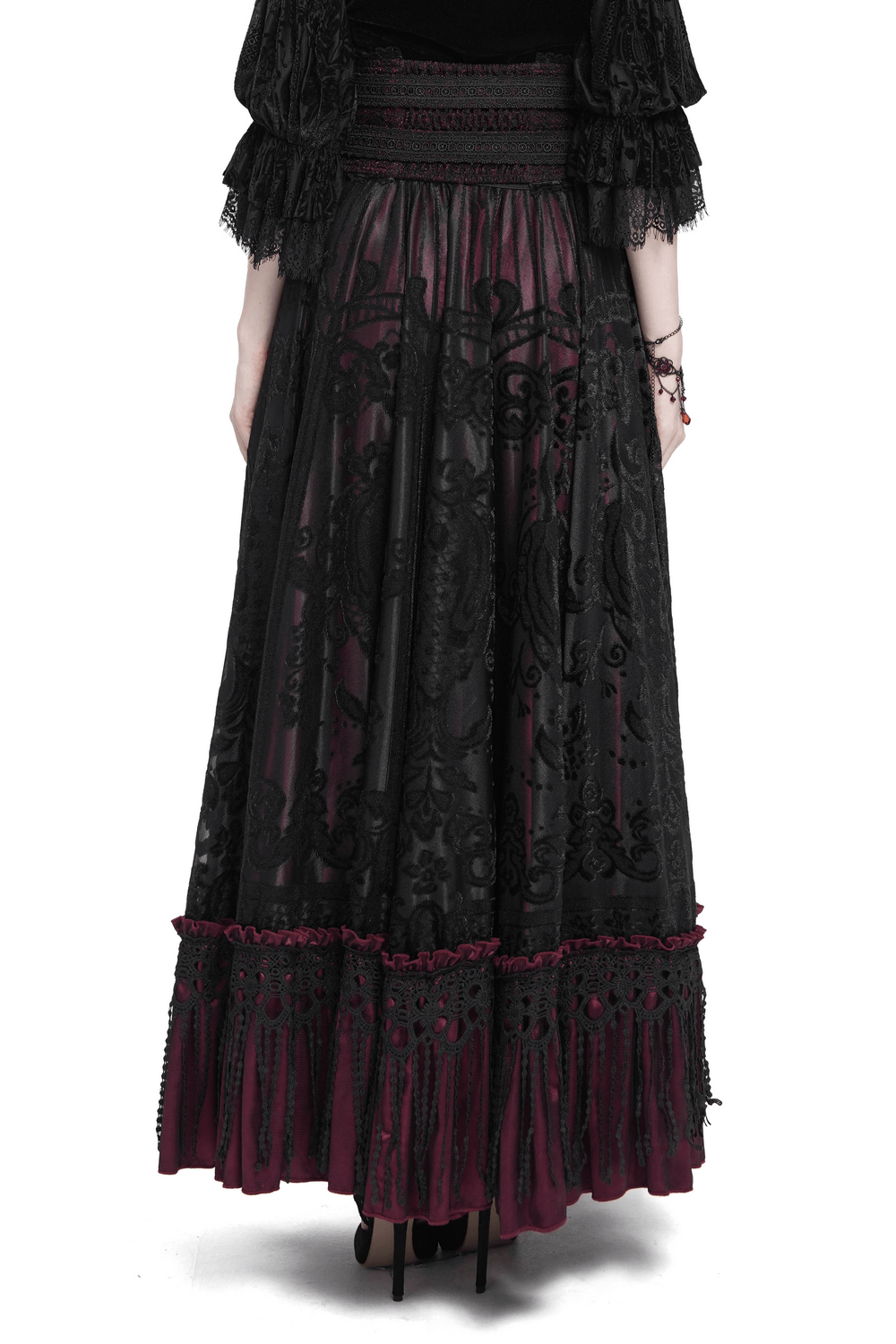 Gothic black and burgundy maxi skirt featuring intricate lace hem and buckle waist, perfect for Victorian-inspired fashion.