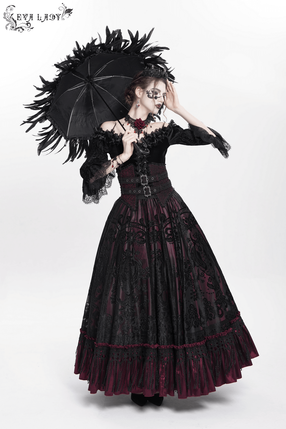 Gothic black and burgundy maxi skirt with lace hem, featuring a buckle waist and elegant Victorian style, perfect for alternative fashion.