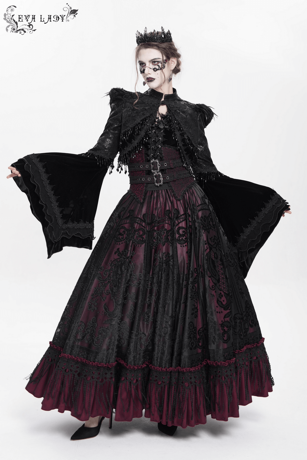 Gothic black and burgundy maxi skirt with lace hem, Victorian style, elegant silhouette, and ornate buckle waist.