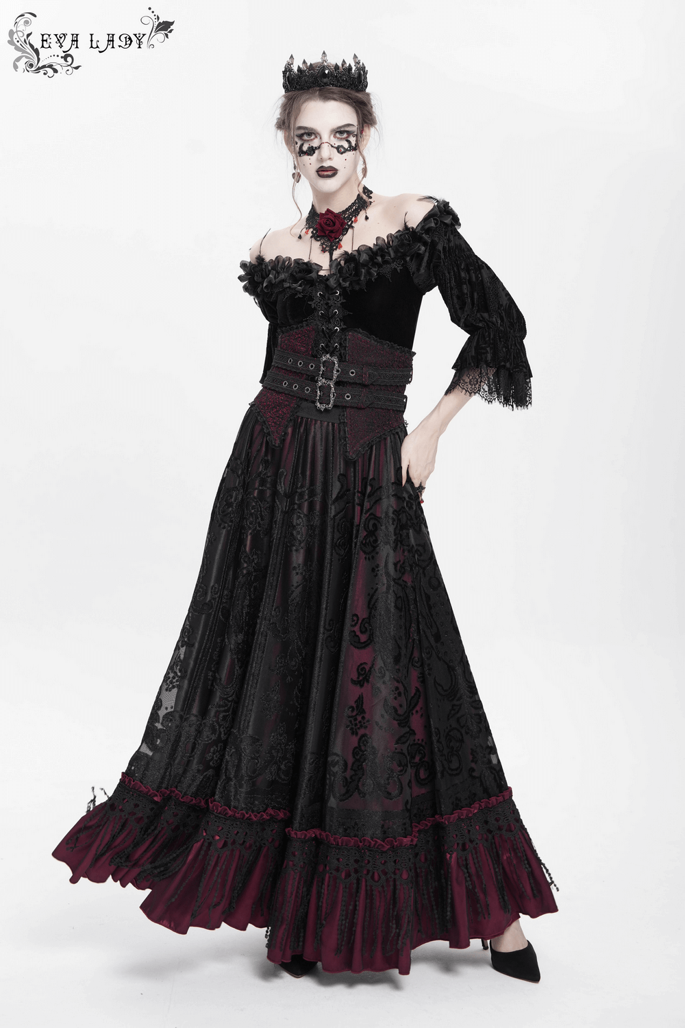 Gothic black and burgundy maxi skirt with lace hem, featuring a Victorian style and ornate buckle waist.