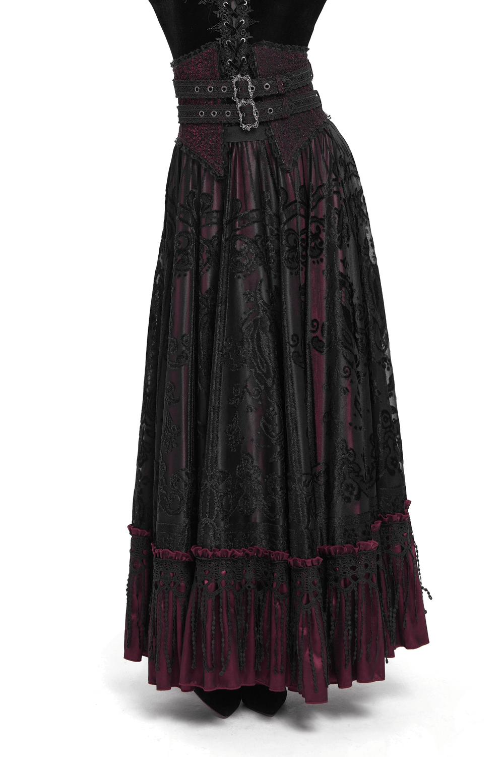 Gothic black and burgundy maxi skirt featuring lace hem, pleated design, and ornate buckle waist for stylish elegance.
