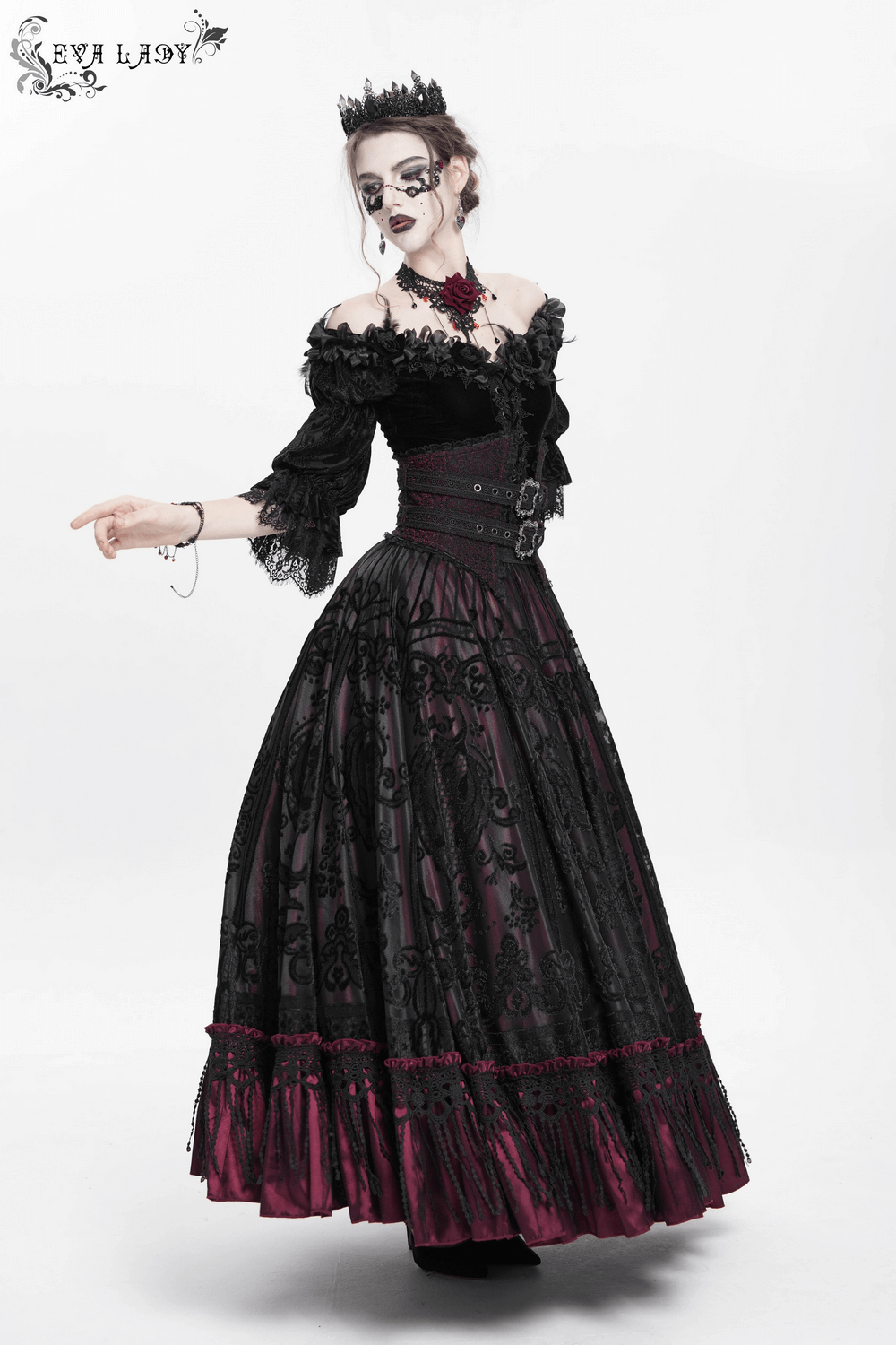 Gothic black and burgundy maxi skirt with lace hem, featuring buckled waist and Victorian style.