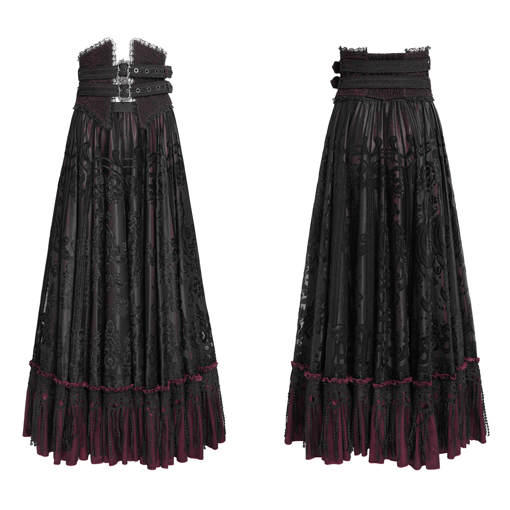 Gothic black and burgundy maxi skirt with lace hem and buckle waist detail, perfect for Victorian-inspired fashion.