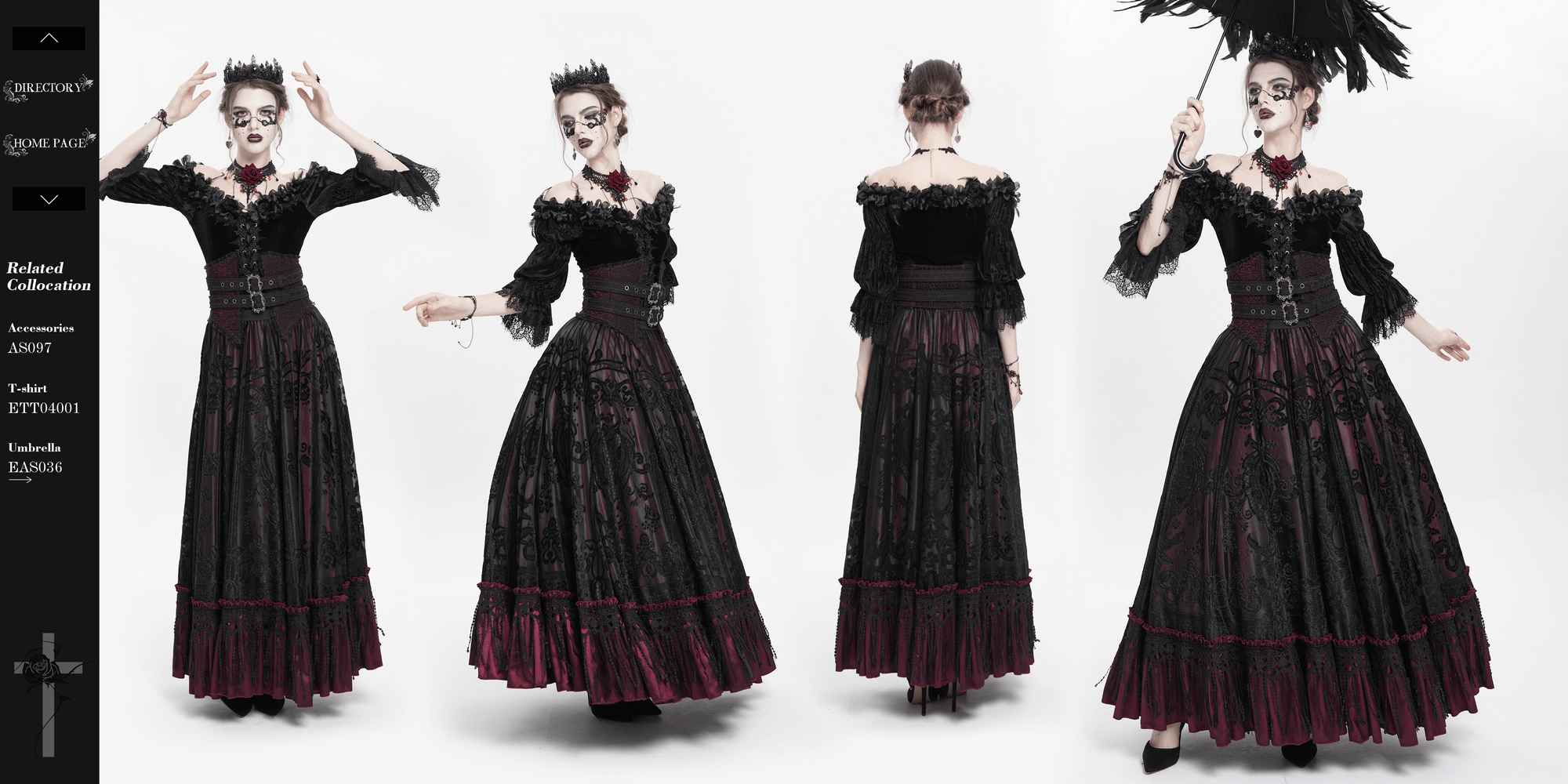 Gothic black and burgundy maxi skirt with lace hem, featuring ornate buckle waist and flowing design, perfect for Victorian elegance.