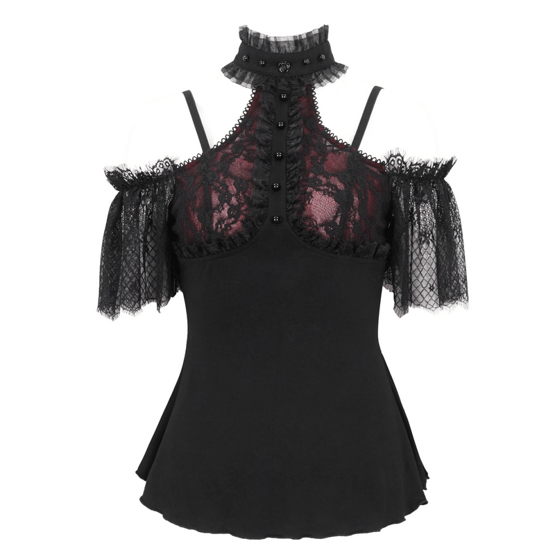 Gothic black and red off-shoulder top with lace sleeves, stylish and edgy women's fashion, perfect for a striking look.
