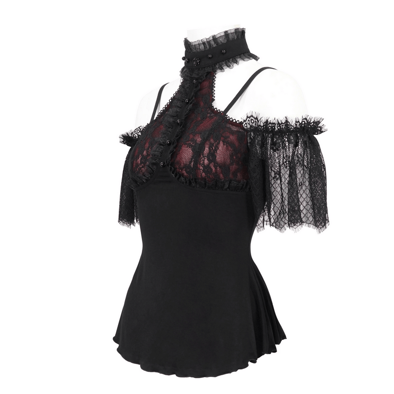 Gothic black and red off-shoulder top with lace sleeves, chic and stylish attire for a bold fashion statement.