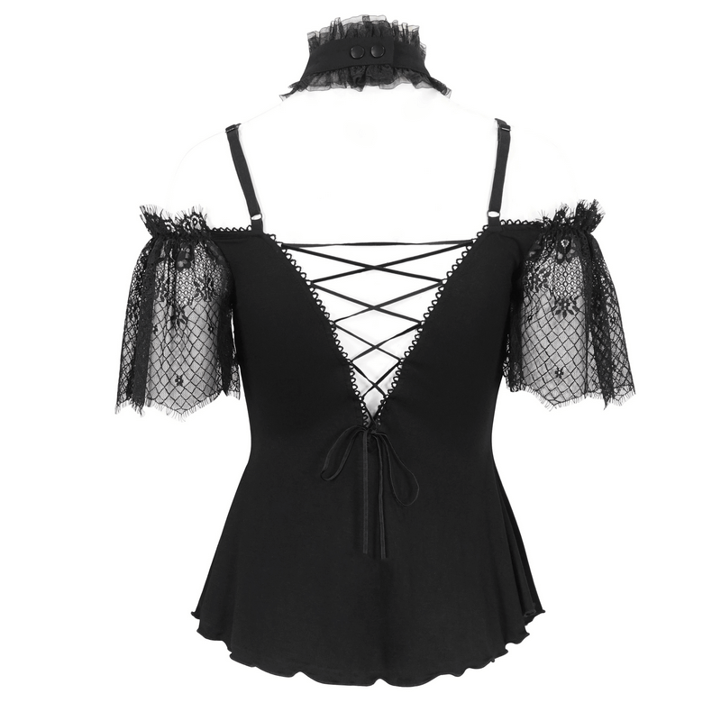 Gothic black off-shoulder top with lace sleeves and crisscross back design, perfect for stylish darkness.