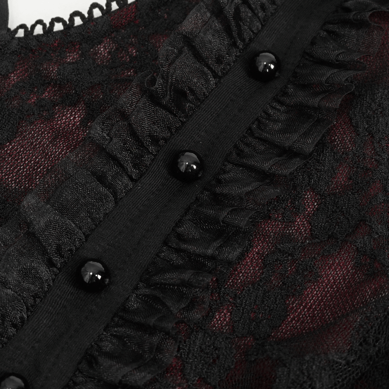 Close-up of gothic black lace detail with red accents and buttons for women's off-shoulder top.