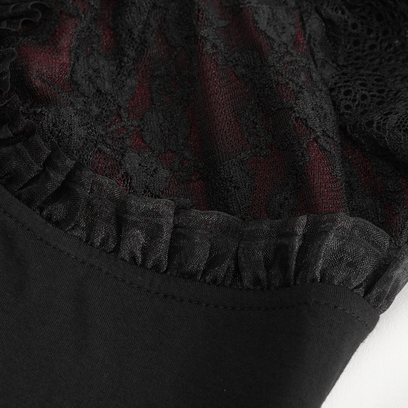 Close-up of gothic black and red off-shoulder top featuring delicate lace sleeves and a ruffled trim.