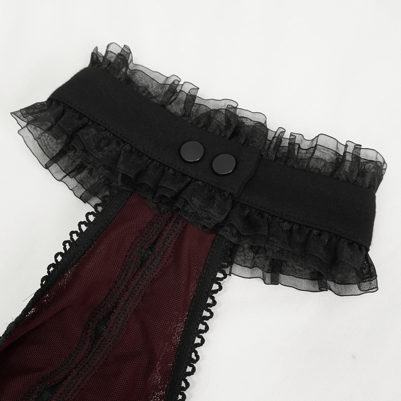 Gothic black and red off-shoulder top featuring short lace sleeves and ruffled neckline detail.
