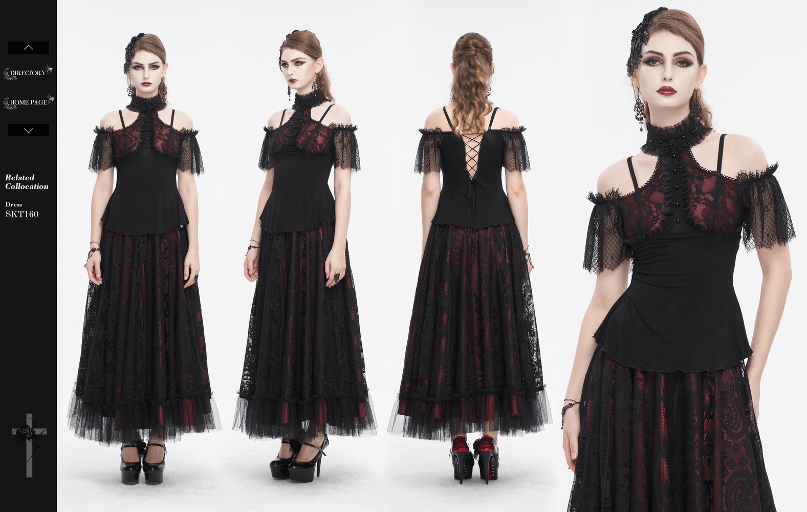 Gothic Black And Red Off Shoulder Short Lace Sleeves Top