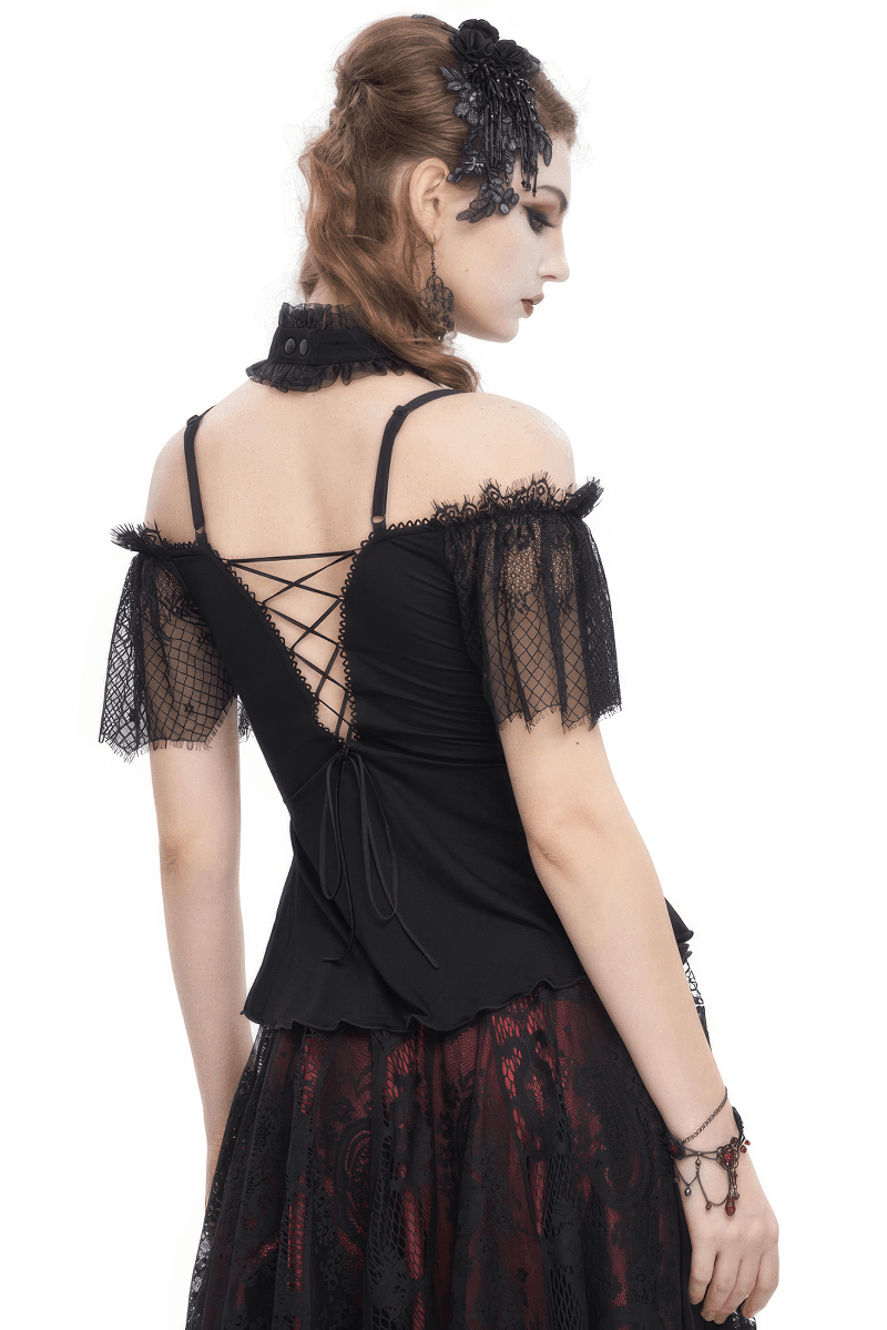 Gothic black and red off-shoulder top with lace sleeves, showcasing a stylish back design and elegant silhouette.