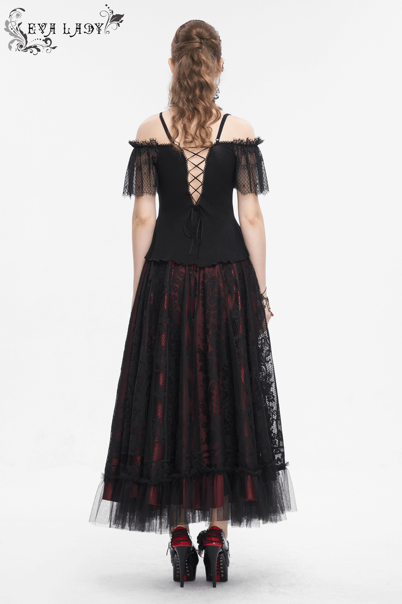 Gothic Black And Red Off Shoulder Short Lace Sleeves Top - HARD'N'HEAVY