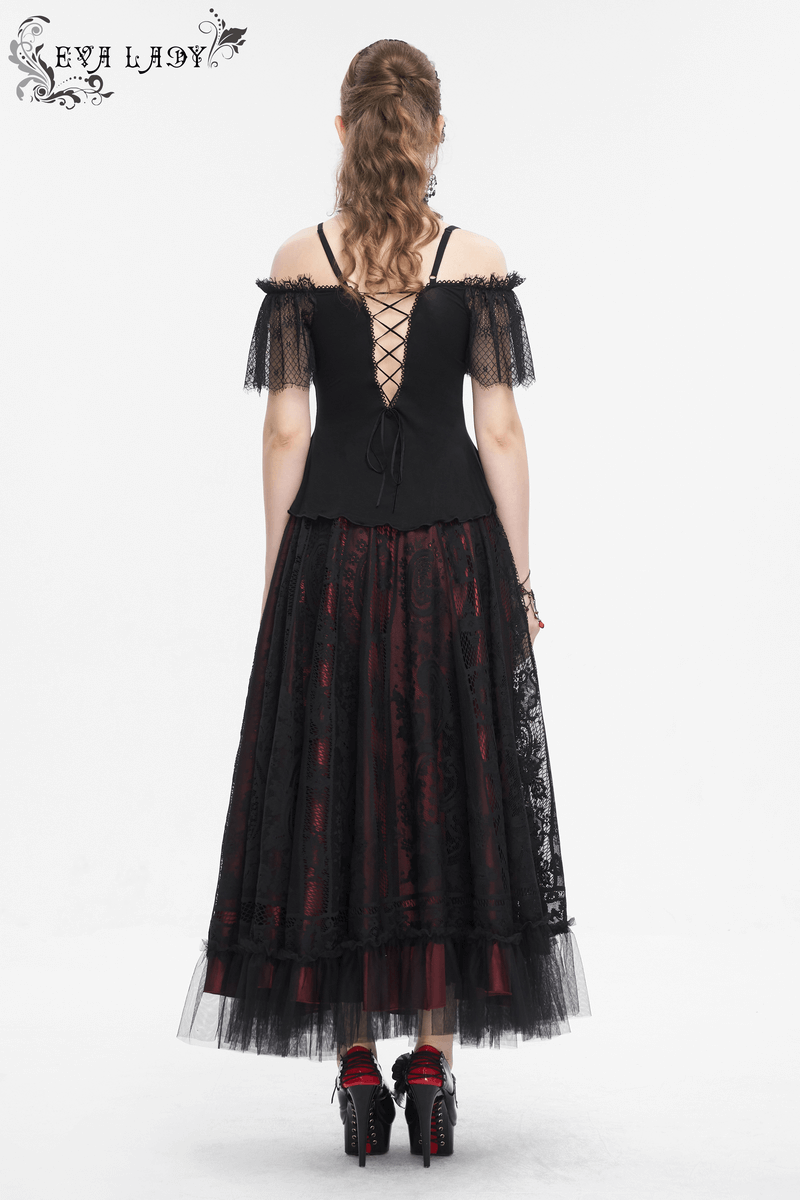 Back view of a gothic black and red off-shoulder top with lace sleeves, paired with a flowing skirt.