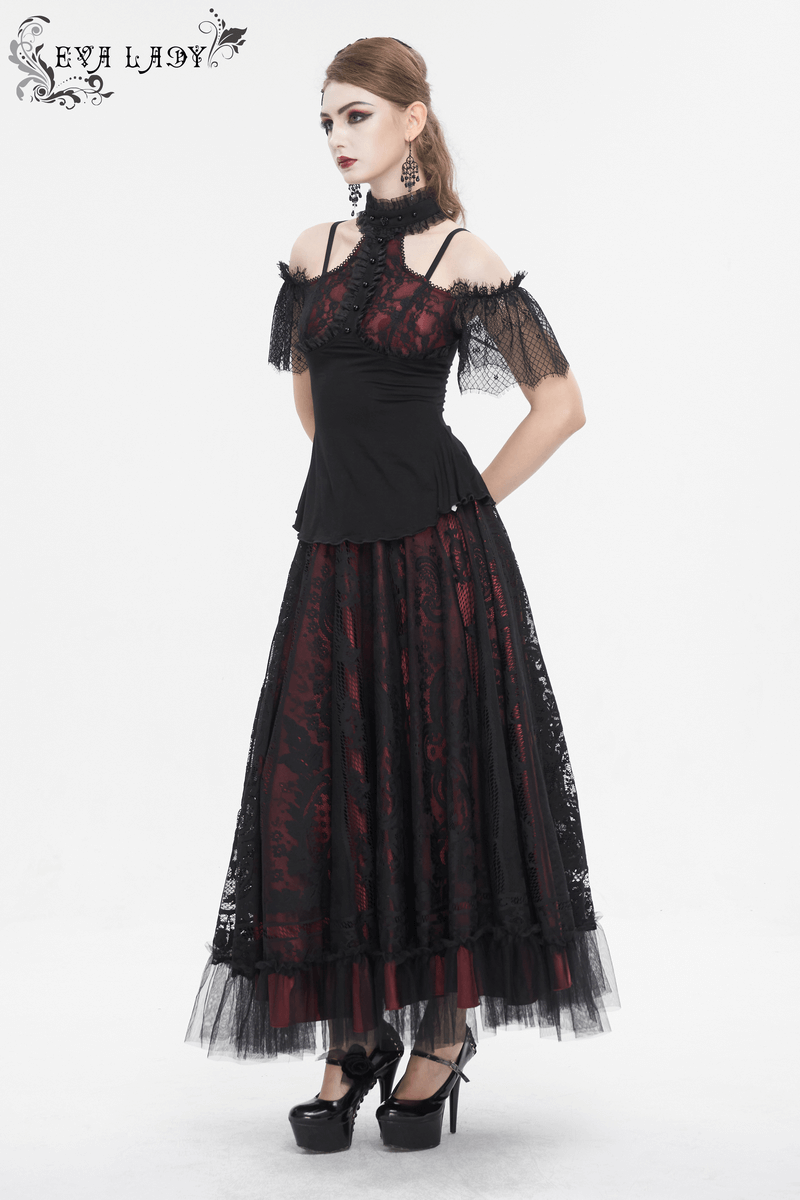 Gothic Black And Red Off Shoulder Short Lace Sleeves Top - HARD'N'HEAVY