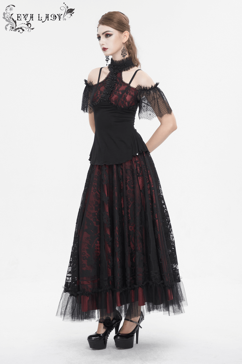 Gothic black and red off-shoulder top with lace sleeves and dramatic flair, perfect for a bold fashion statement.