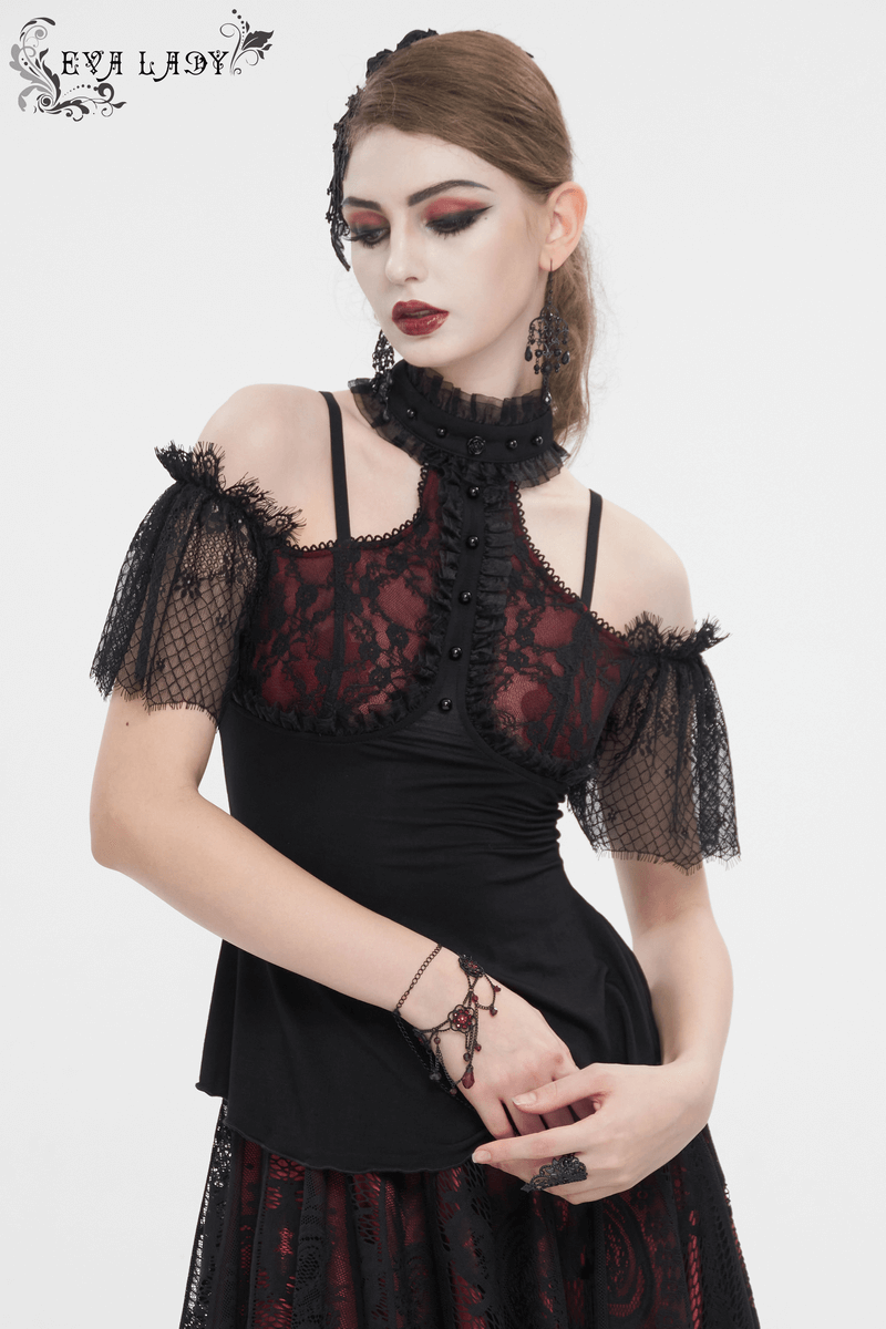 Gothic women's black and red off-shoulder top with lace sleeves, exuding dark elegance and style.
