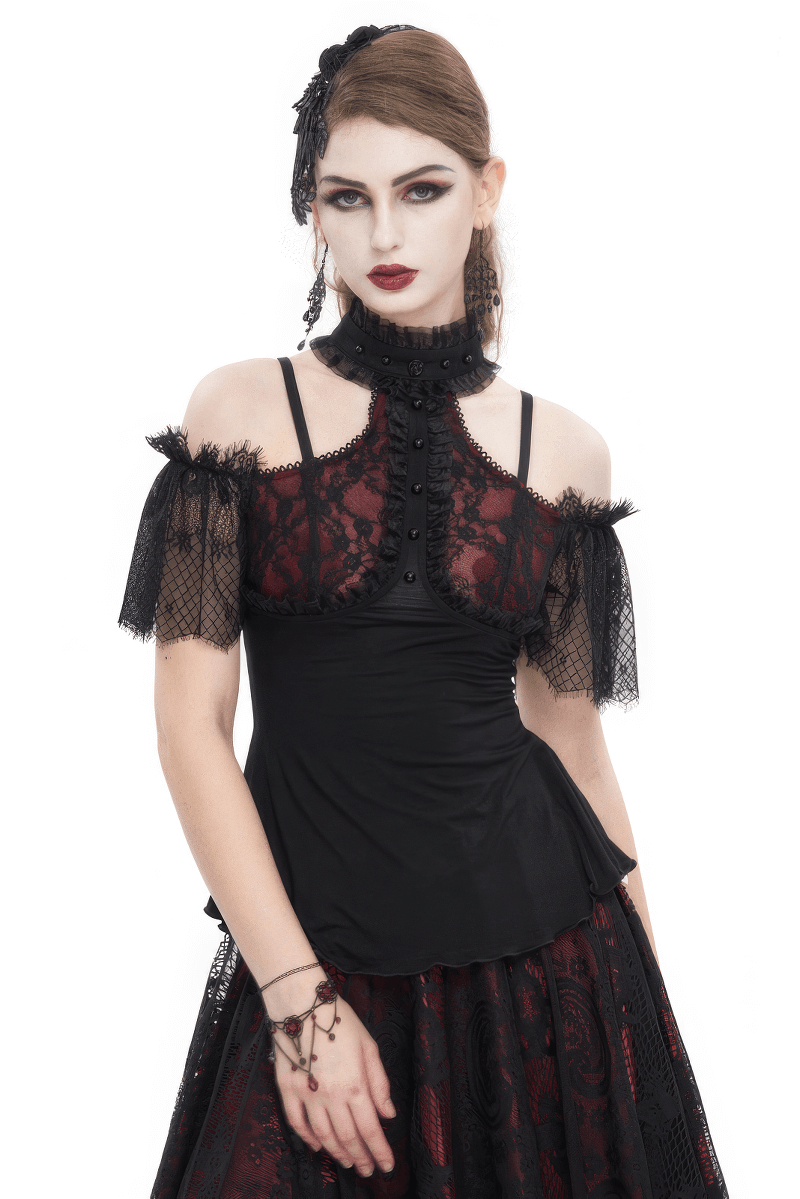 Gothic black and red off-shoulder top with lace sleeves, perfect for stylish edgy looks. Ideal for fashion-forward women.