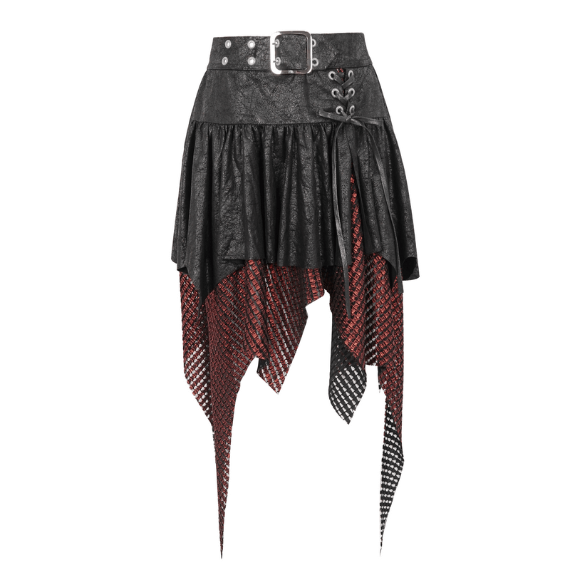 Gothic black and red splicing irregular skirt with buckle detail, perfect for a bold, rebellious fashion statement.